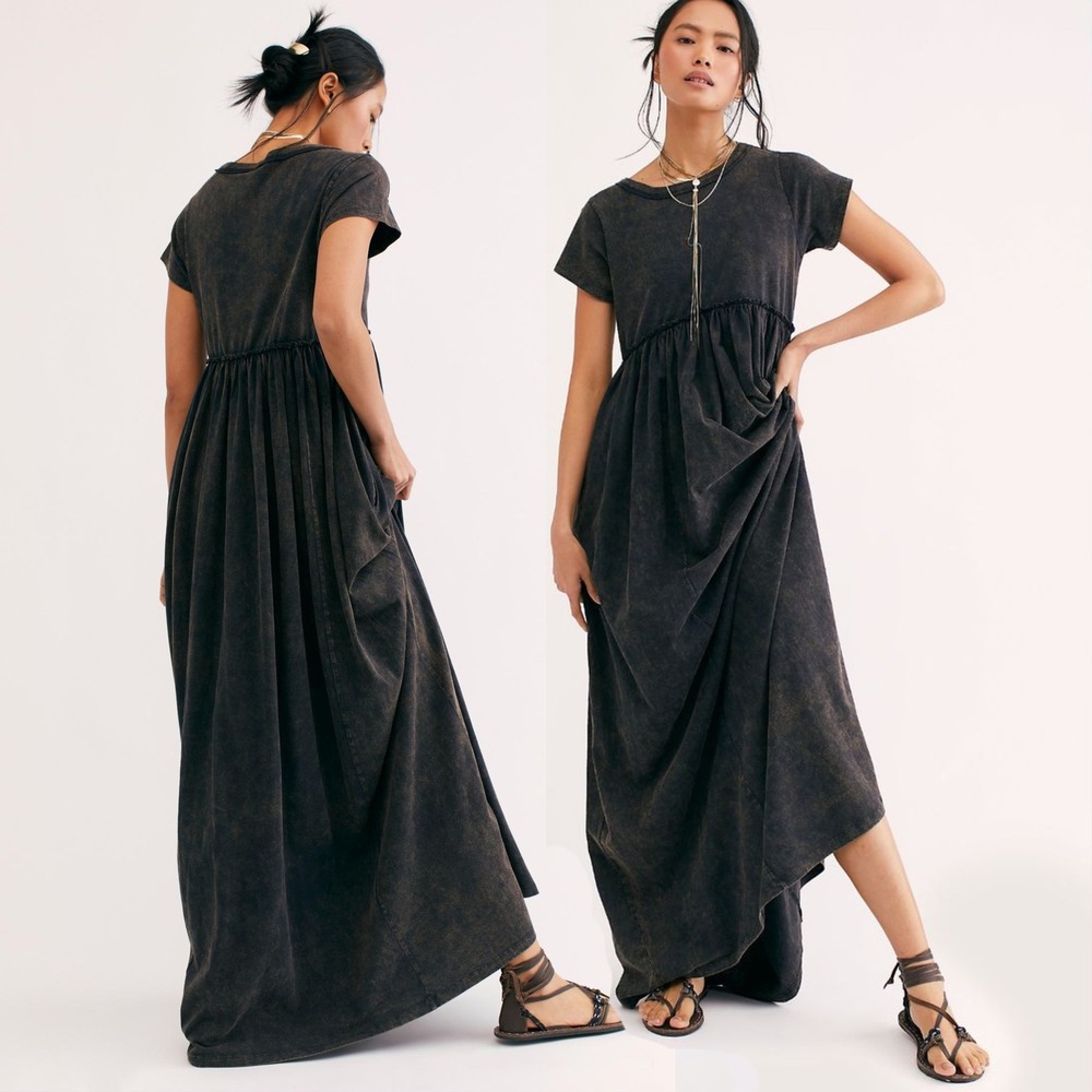 Free People Carissa Tee Maxi Dress, SMALL Charcoal Grey Acid Wash Cotton Boho